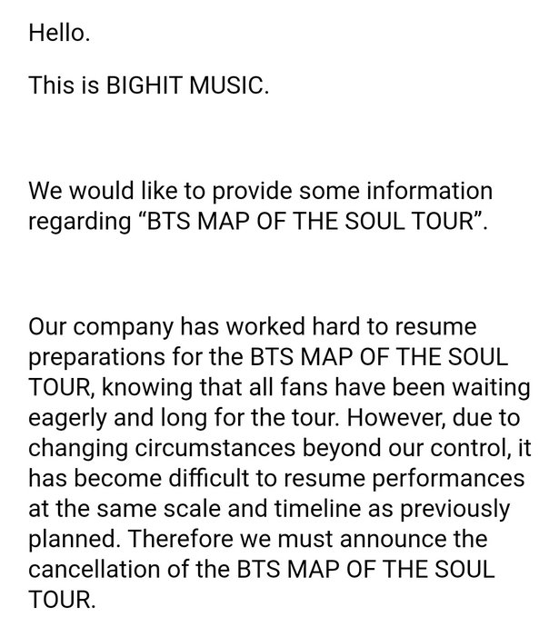 BTS CANCELA 2020 MAP OF THE SOUL TOUR