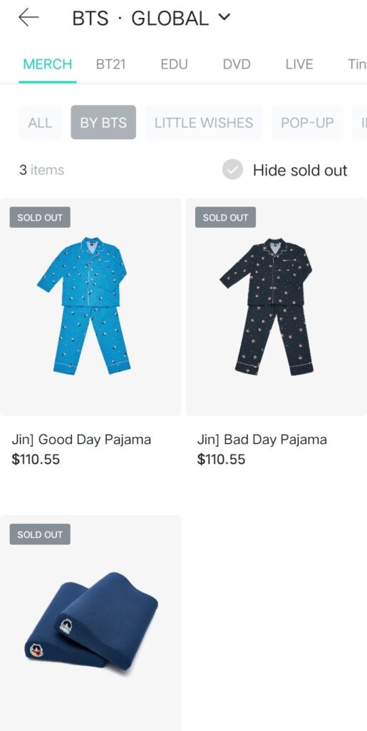 JIN BTS MERCANCÍA PIJAMA